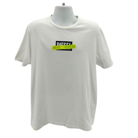Diesel Mens XL Shirt Just Die Box Logo Reflective Strip T-Shirt White Neon - Picture 1 of 10